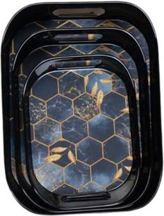 JUICIQ Serving Tray Set of 3 | Black & Gold Design | Multipurpose Trays with Handles Tray