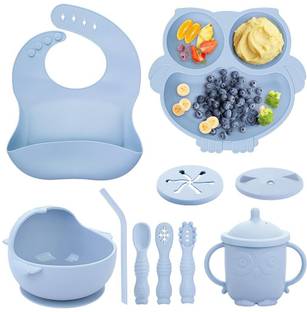 MAYCREATE Silicone Baby Feeding Set 10Pcs with Bowl Plate Bib Spoon Cup Fork Teething Safe Sectioned Plate