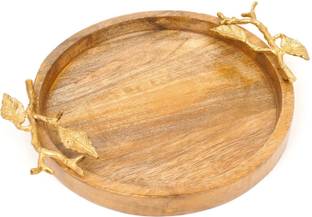 ADA Handicraft Mango Wood Round Serving Platter, Nested Serving Tray with Brass Designed Tray