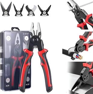 rich mart 5-In-1 Multi Use Wire Stripper Stainless Steel Body With 5 Interchangeable Heads Lineman Plier