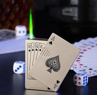 VIOVI Poker Card Ekka Rose Gold Green Flame with LED Light Windproof Metal Body Gas Refillable Slide Ignition Cigarette Lighter Pocket Lighter