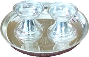 SujArta Pooja Thali Set with 2 inch Diyas (2) & 5.5 Inch Thali, Silver Plated