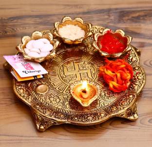 Chhariya Crafts Pooja Thali with Diya for Home and Office Temple and Puja Aluminium