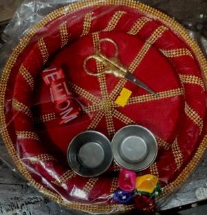 giftsrus Ribbon Cutting Welcome Thali with Scissor-Marriage Stainless Steel Puja Plate Stainless Steel