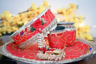 AVIKALP INDIA Designer Karwa Chauth Thali Set with Kalash | Chalni | Glass Stainless Steel