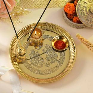 KUBER INDUSTRIES Pooja Thali Set for Home with Incense Stick-Diya-Sindoor Holder|12 Inch|Golden Brass