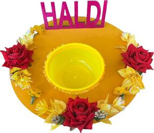 devpriya Haldi Wedding Decoration Platter|Haldi Thali Wood Decorative Platter(Yellow) Jute