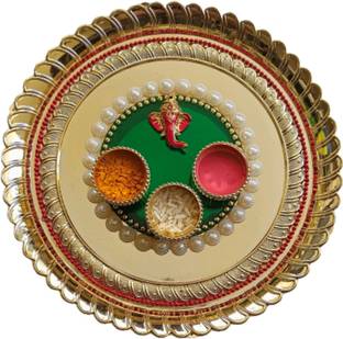 P A HEALTH AND FITNESS Decorated Acrylic Pooja Thali/Haldi Kumkum Box/Rakhi Plate[8 Inch][Medium] Gold Plated