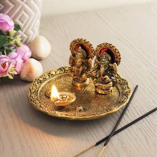 Chhariya Crafts Metal Laxmi Ganesh Pooja Thali With Diya Deepak Aluminium
