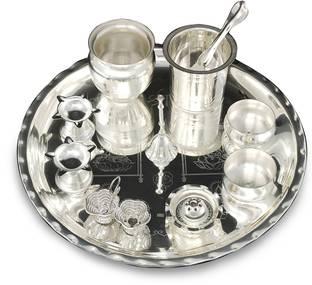 BENGALEN Silver Plated Pooja Thali Set 12 Inch Puja Items For Home Mandir Office Silver Plated
