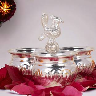 Sigaram German Silver 4X3 Inch 3Cup Panchwala Kum Kum Bharani For Home Pooja Decor K2569 Silver Plated