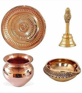 SIYAA SIYAA ;- Pooja Materials Set for Workship with Special Pooja Thali God Bell, and Lota Maded with Brass deep Set of 4 pcs (in pack of 1) Copper, Brass