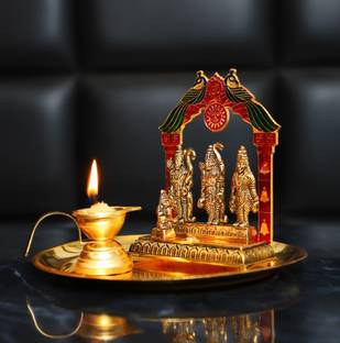 Chhariya Crafts Metal Pooja Thali With Ramdarbar And Diya For Home And Office Aluminium