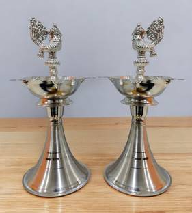 Sigaram 9 Inch Pecock Diya Made By Pure German Silver For Home Pooja Decore K4425 Silver