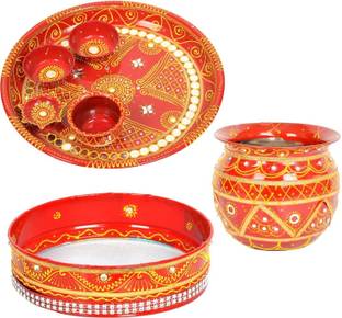 BAISA Stainless Steel Karwa Chauth Decorative Pooja Thali Set (Red) (Thali Size 11") Steel