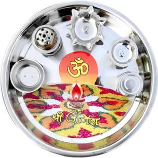 ARISERS Heavy Steel Pooja thali with Deepa Agarbatti Stand Roli, Chawal Steel