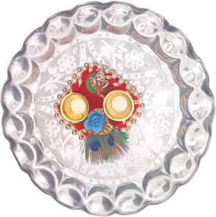 Koogly Silver Small Pooja Thali & Designer Kumkum Stand Combo Pack Thali Silver
