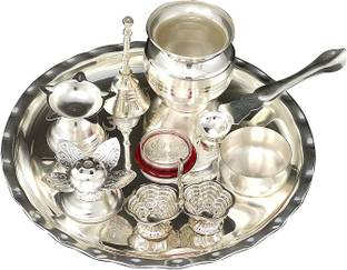 BENGALEN Puja Thali Set Silver Plated 8 Inch Pooja Wedding Return Gift Items Silver Plated