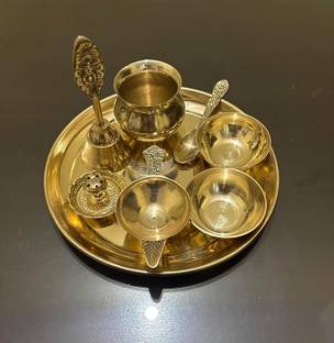 BUY N RELAX Traditional Pooja Thali Set, 7-Piece Prayer Set with Bell and Bowls, 8inch thali Brass