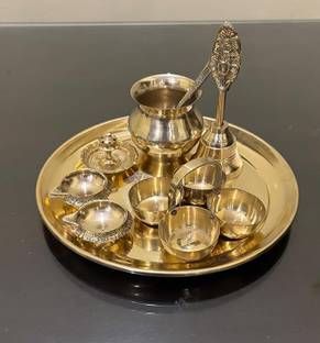 BUY N RELAX Traditional Brass 8inch Puja Thali Set with Lota, Diya, Bell and Bowls Brass