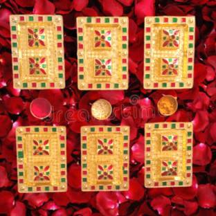P A HEALTH AND FITNESS Decorative Acralic Haldi Kumkum Box/ Pooja Thali Set/Rakhi Plate[13x8cm] [6Pack] Gold Plated