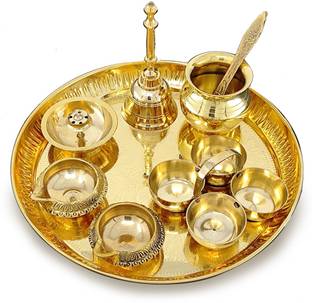 BENGALEN Brass Puja Thali Set 8 Inch Home Mandir Pooja Items With Accessories Brass