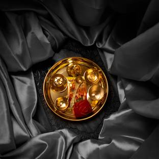 COPPER KITCHEN Pure Brass Special Puja Thali Set of 9 Items, for Diwali Poojan/Pooja Room/Diwali Gifting Brass