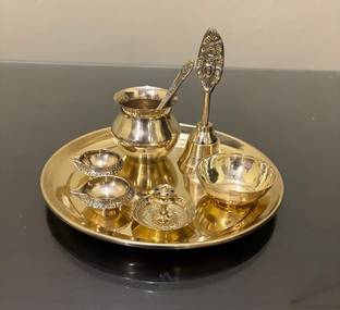 Chkoteravatiya Brass Puja 7inch Thali Set with Kalash, 2kuber Diye, Bell and Spoon, Gold Tone Brass