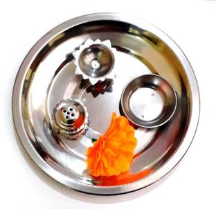 S R M EXPORTS Stainless Steel Pooja Thali (Silver) Stainless Steel