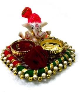 KHUSHA CREATIONS Decorative Handmade Traditional Multipurpose Beaded Brass Pooja Thali Set Plastic