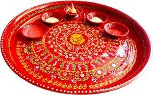 P A HEALTH AND FITNESS Decorated Steel Pooja Thali with Diya Set/Haldi Kumkum Diwali Plate.[12INCH] Steel