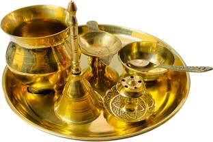 DARIDRA BHANJAN Aarti Plate, Lota, Agarbatti stand, Diya, Ghanti, Katori chamach(Thali set) Brass