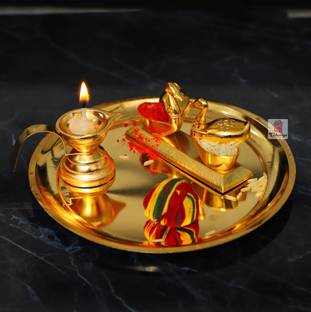 Chhariya Crafts Metal Pooja Thali With Diya And KumKum Box