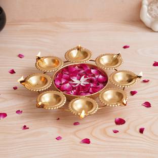 eCraftIndia Golden Handcrafted Designer Urli with 8 Tea Light Candle Holders Iron