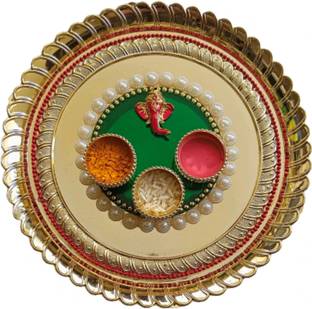 P A HEALTH AND FITNESS Decorated Acrylic Pooja Thali/Haldi Kumkum Box/Rakhi Plate[8 Inch][Medium] Gold Plated