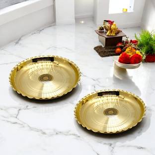 MLE Decorative Brass Puja Thali Plates, 11.5 cm, Traditional Design, Set of 2, Gold Brass