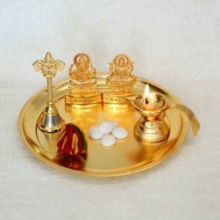Chhariya Crafts Laxmi Ganesh Pooja Thali With Pooja Bell And Diya For Home And Office Aluminium