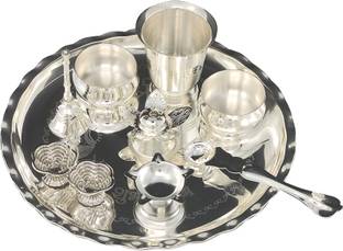 BENGALEN Pooja Thali Set 9.5 Inch with Accessories Puja Sets Mandir Wedding Return Gift Silver Plated