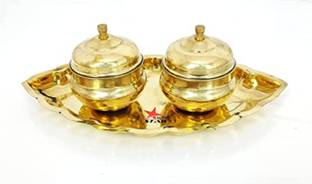 FuerDanni Plated Glossy Leave Shape Kankavati with Lid Haldi-Kumkum Holder, Puja Thali Set Brass