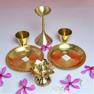 Divine Bazaar Brass Pooja Thali Set, Brass Puja Item Combo set Brass