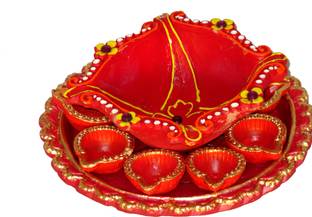 SUNINOW terracotta thali 6 inch with 8 small diya and 1 big diya for diwali pooja Terracotta