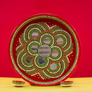 Puja N Pujari Fancy Decorative Multicolor Hand Made Beutiful Plate Inbuilt Aarti Pooja Thali/Puja Plate with two Bowl for All Pooja, Decoration, Gifting, Navratri, Diwali and All Festivals Stainless Steel