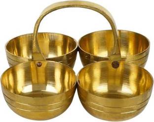 Fellix Puja Roli Chawal Elaichi Mishri 4 Bowl Stand Brass (1 Pieces, Gold) Brass