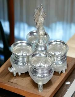 Sigaram German Silver 4 Cup Panchwala With Peacock Handle For Home Pooja Decor K2575 Silver Plated