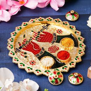 eCraftIndia One Krishna with Flute Decorative Pooja Thali for Diwali, Navratri Steel
