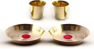MLE Brass Small Pooja Thali with Glass Set | Elegant Traditional Puja Essentials Brass