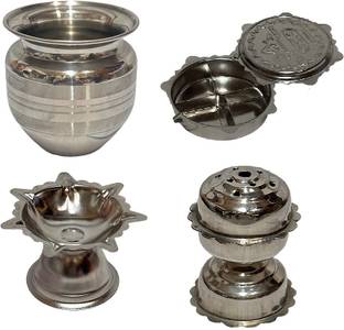 Dynore Stainless Steel 4 Pcs Pooja Accessories Set Stainless Steel