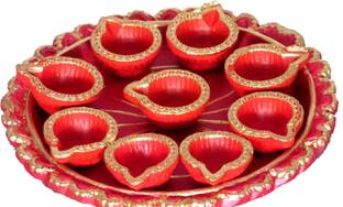 SUNINOW terracotta thali 6 inch with 9 diya for diwali pooja Terracotta