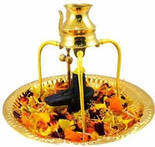 Buyer World Marble Shaligram Shiva Ling Lingam Statue Brass Plate with Kalash Stand Brass Brass