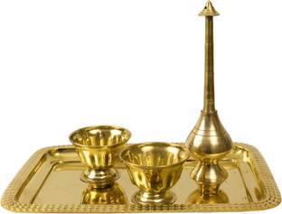 Spillbox Traditional Handcrafted Brass Thali/Aarti Bartan Plate Brass Welcome Set Brass
